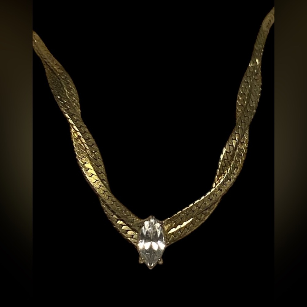 Marquise Cut Faux Diamond Braided Gold Tone Necklace #9225